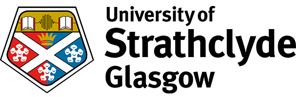 University of Strathclyde Glasgow logo with a crest featuring books, a crown, and floral emblems, alongside bold black text stating University of Strathclyde Glasgow.