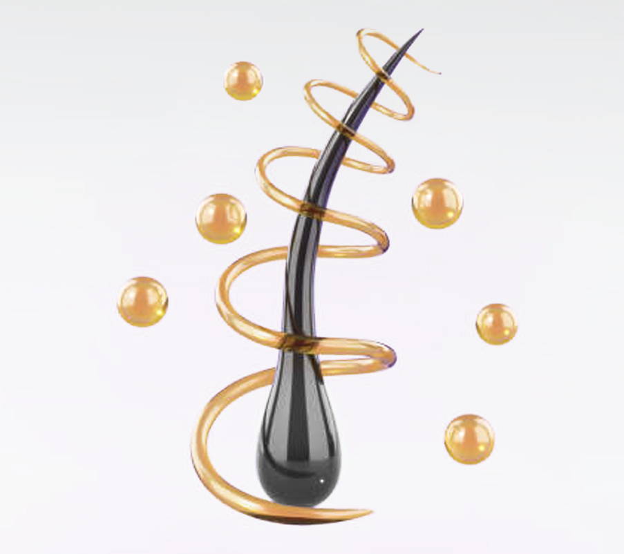 rendering of hair strand with an abstract representation of hair product interacting with it