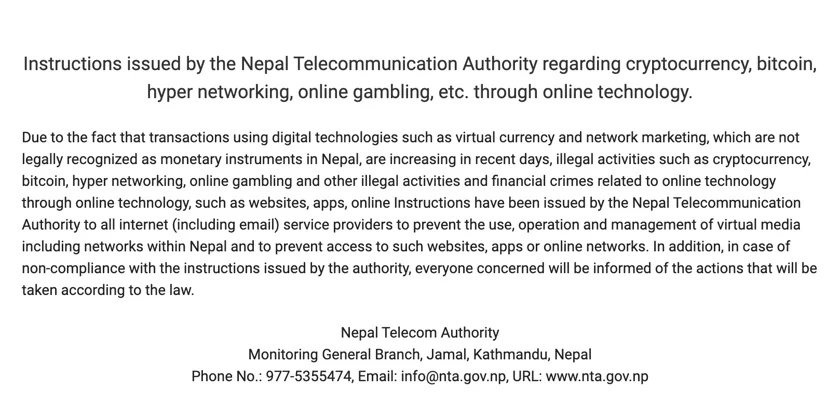 Nepalese ISPs were asked to block crypto-related websites