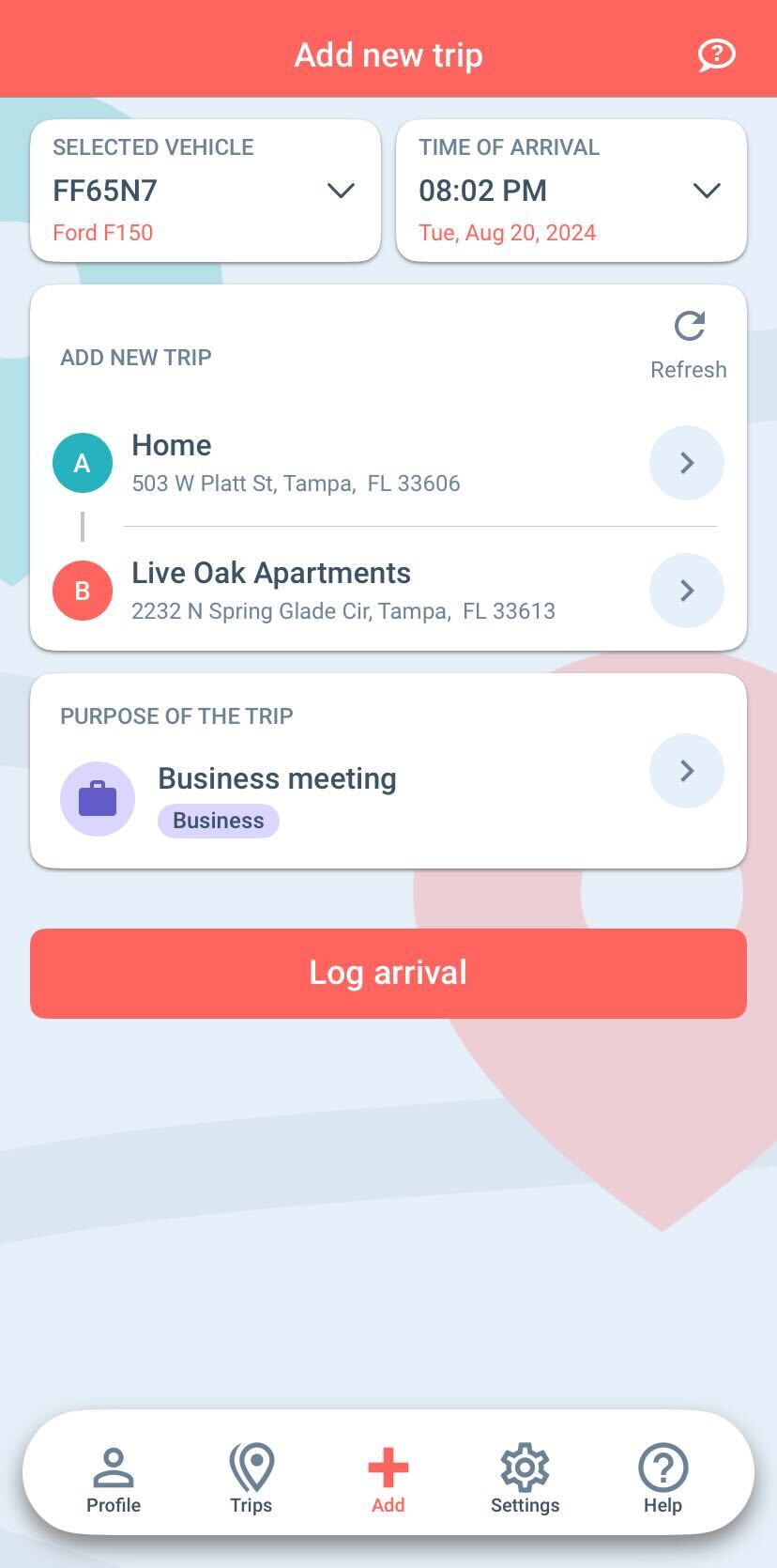 add new trip mileage tracker