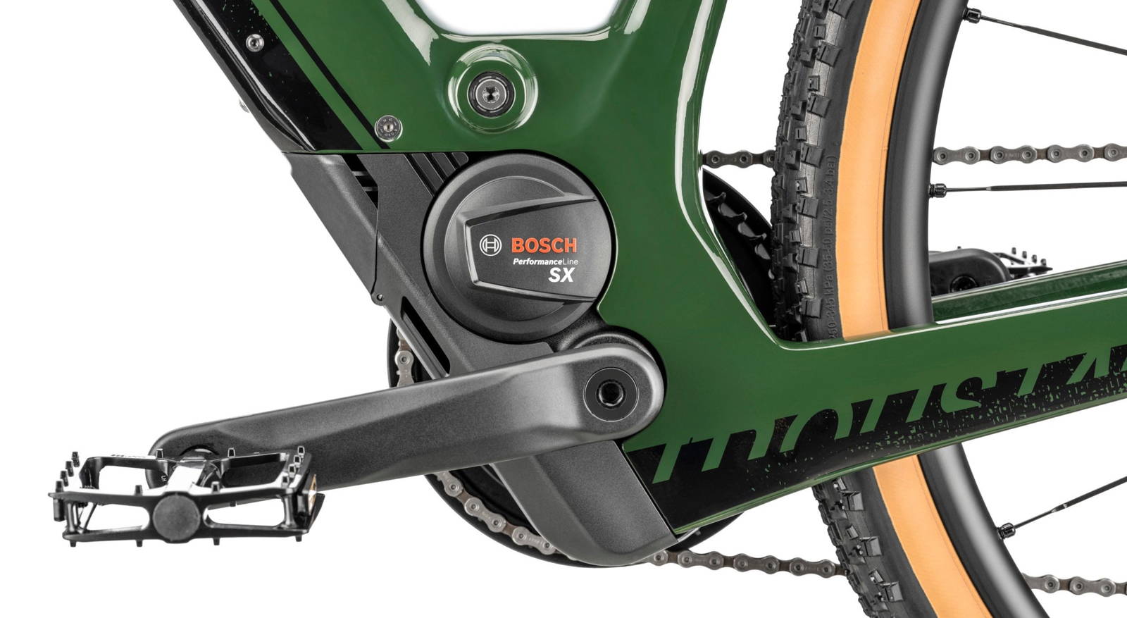 Moteur Bosch Performance Line SX sur un gravel électrique vert au cadre carbone