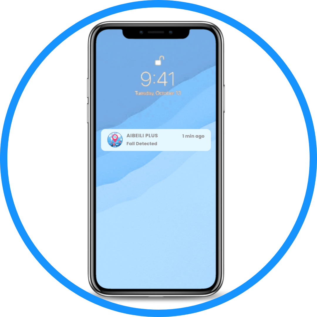 Emergency contact's mobile phone displaying the fall detection app notification sent automatically by the MindMe Pro SM 4G SOS GPS pendant, showing time and fall detection details. The notification redirects to the real-time GPS location of the wearer. Text reads: 'A mobile app notification is automatically sent to the emergency contacts.' The MindMe Pro SM is an essential SOS pendant, ensuring the elderly in Australia live life with confidence.