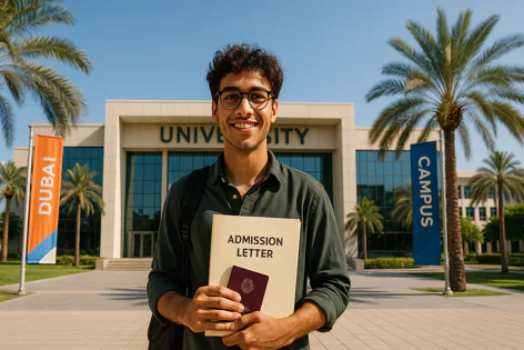 Smiling young man wearing glasses holds an admission letter and passport in front of a modern university building with palm trees under a sunny sky in Dubai.