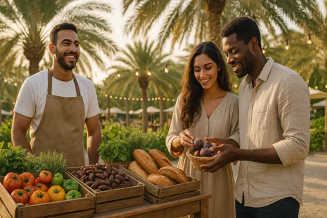 A smiling vendor interacts with a couple browsing fresh tomatoes, greens, dates, and bread at an outdoor market stall. Palm trees and string lights are in the background.