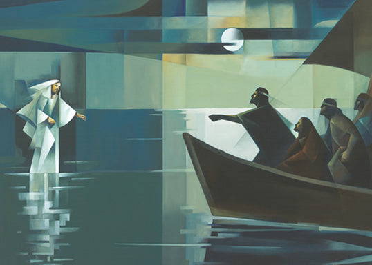Geometric painting of Jesus walking on water toward a boat of apostles. 