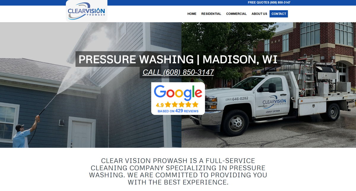 Screenshot of Clear Vision ProWash, from the pressure washing websites collection.