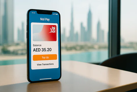 Smartphone displaying the Nol Pay app interface with a balance of AED 35.20 and buttons for Top Up and View Transactions, set against a blurred Dubai city skyline.