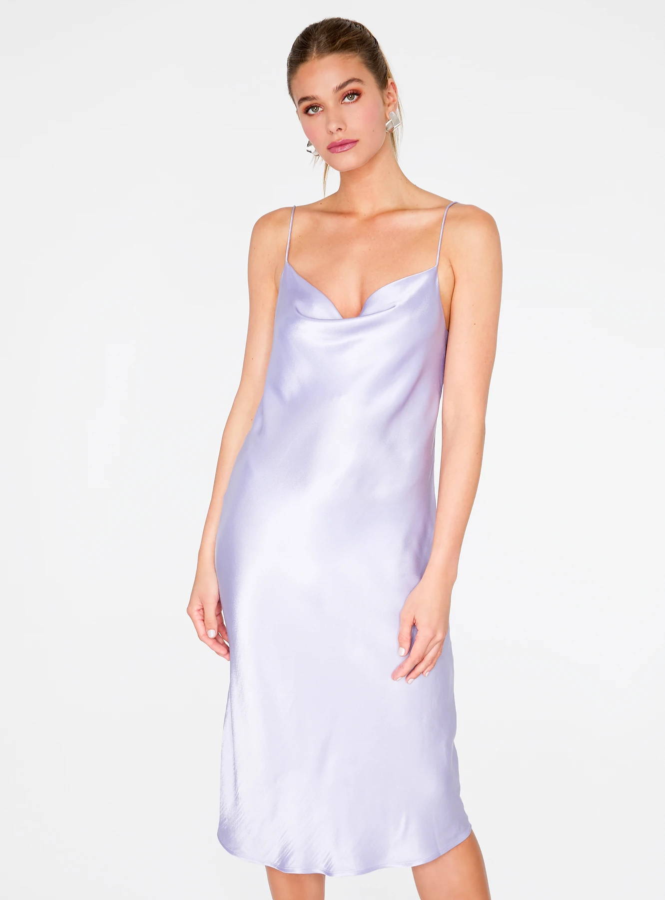 Lavender Cowl Neck Satin Slip Midi Dress