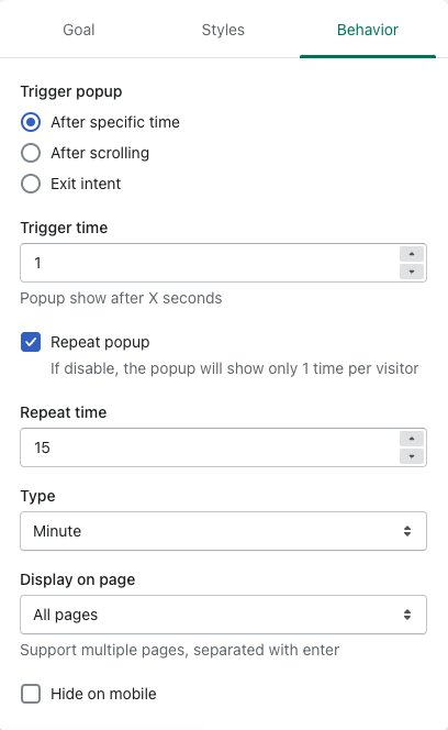 Trigger settings for Shopify popup