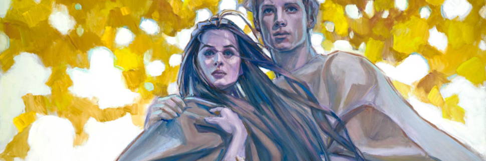 Banner image of Adam and Eve against yellow, autumn leaves.