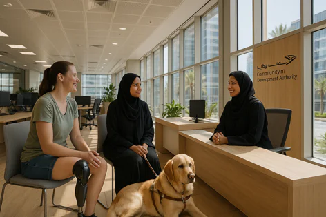 Smiling woman with prosthetic leg sits with two women in hijabs and a service dog in a bright office reception. They interact positively near the Community.m Development Authority desk.