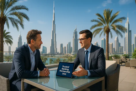 Two businessmen sitting at a table on a terrace with the Dubai skyline and Burj Khalifa in the background. A tablet displays 'Trusted Banking Partnership 2025'.