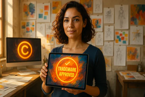 A creative professional holds a tablet displaying "Trademark Approved" in an art studio with a computer showing a glowing copyright symbol.
