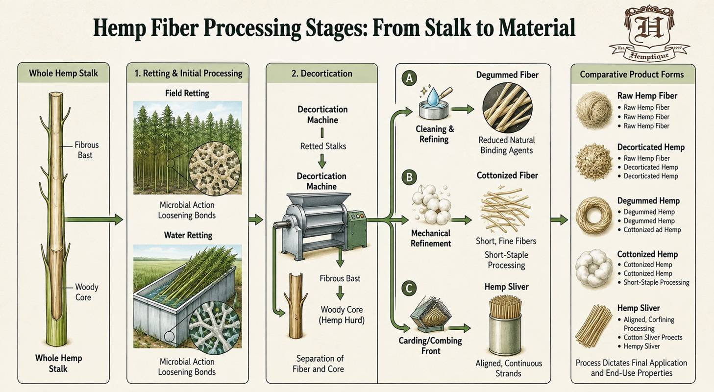 Hemp fiber at different stages of processing