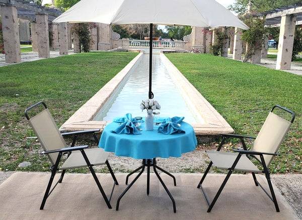 blue round outdoor tablecloth with umbrella hole