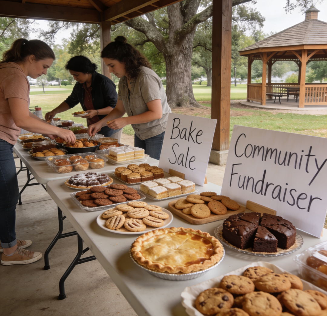 Medium shot of volunteers setting up a community fundraiser booth at a local park pavilion, arranging baked goods and handmade signs on folding tables. Mature trees and a wooden gazebo visible in the background. Soft overcast lighting creating even illumination, candid documentary style, 50mm lens, warm earth tone color palette.