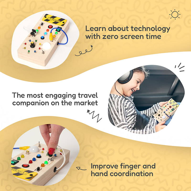 Infographic showcasing multiple educational and learning benefits of the Montessori Wooden Switch Board.