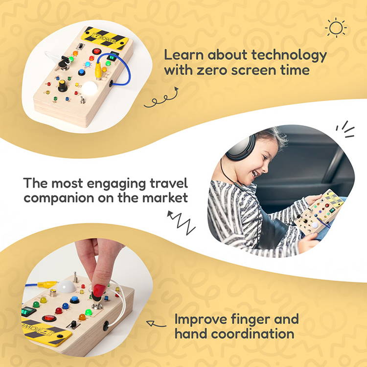 Infographic showcasing multiple educational and learning benefits of the Montessori Wooden Switch Board.