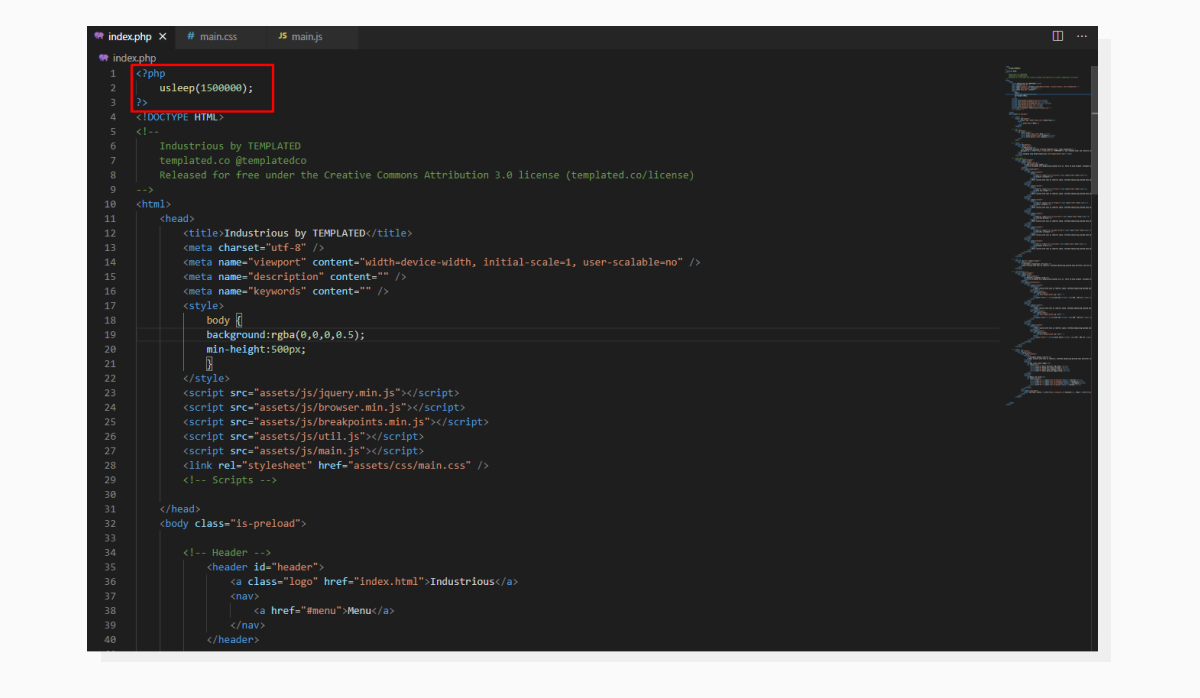 A screenshot of Visual Studio Code with a PHP file opened