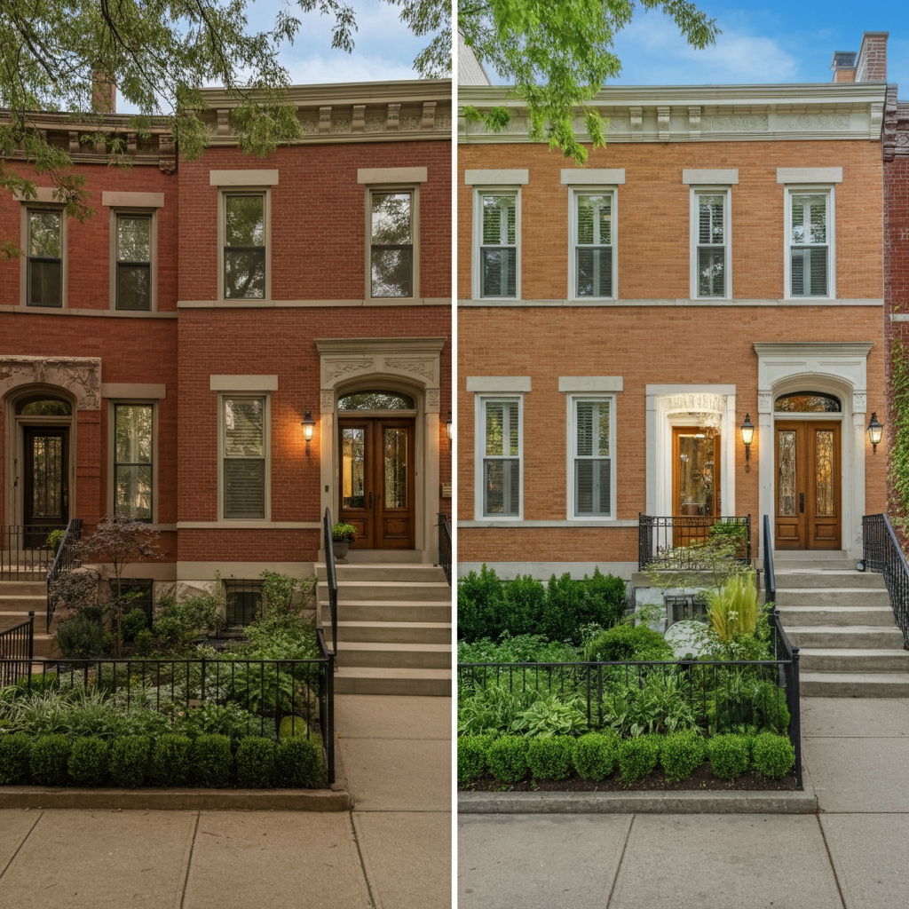 After: The same Lincoln Park brownstone transformed with professional restoration of the historic facade, architectural lighting highlighting period details, and sophisticated landscaping with mature plantings. New custom entry door and hardware enhance curb appeal dramatically.