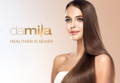 Woman with sleek healthy long hair with damila logo and healthier is sexier damila motto