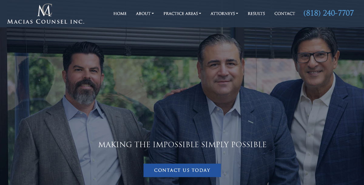 Screenshot of Macias Counsel Inc., from the law firm websites collection.