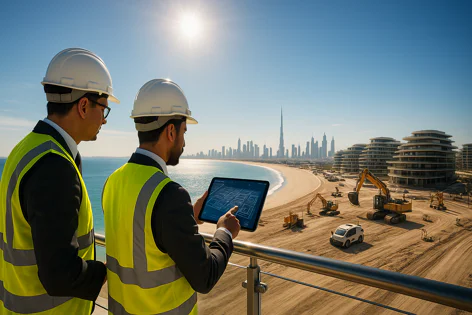 Two construction workers in hard hats and safety vests viewing a building plan on a tablet, overlooking a beach construction site near the Dubai skyline.