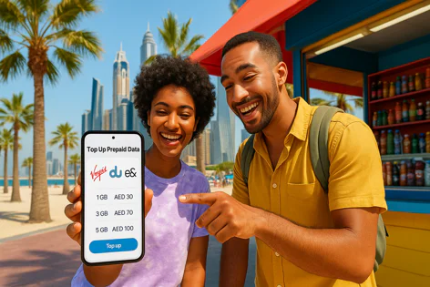 Two smiling people holding a smartphone displaying Virgin and du e& prepaid data top-up options with prices, against a backdrop of palm trees and the Dubai skyline.