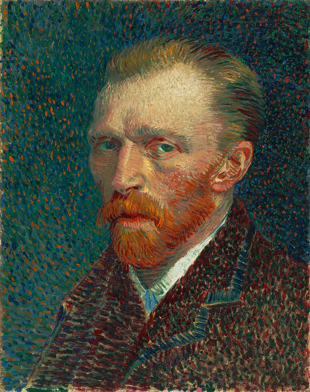 A darker tone self portrait by Van Gogh, he is looking sternly into the viewer.