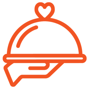 An orange line drawing of a hand holding a food tray with a cloche lid, which has a heart shape at the top.