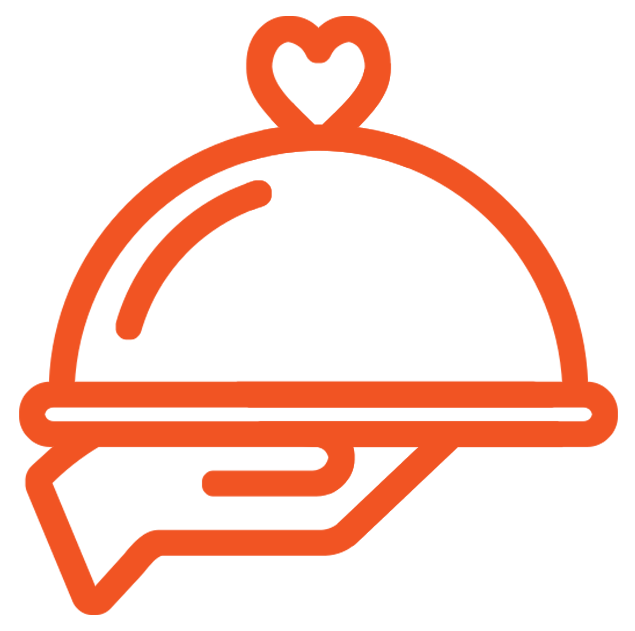 An orange line drawing of a hand holding a food tray with a cloche lid, which has a heart shape at the top.