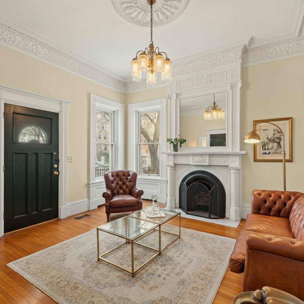 A Gold Coast brownstone that successfully sold for 15% above asking price after strategic pricing based on historic features and recent kitchen renovation. The elegant living room showcases original crown molding, a marble fireplace, and hardwood floors bathed in natural light from tall windows overlooking a tree-lined street.