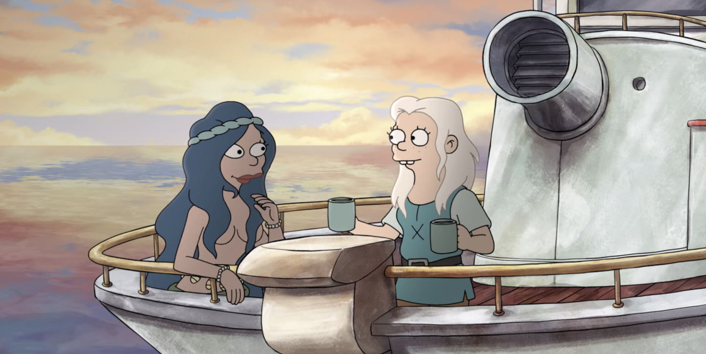 Princess Bean and Mona on the deck of a boat sharing a drink together while the sun sets.