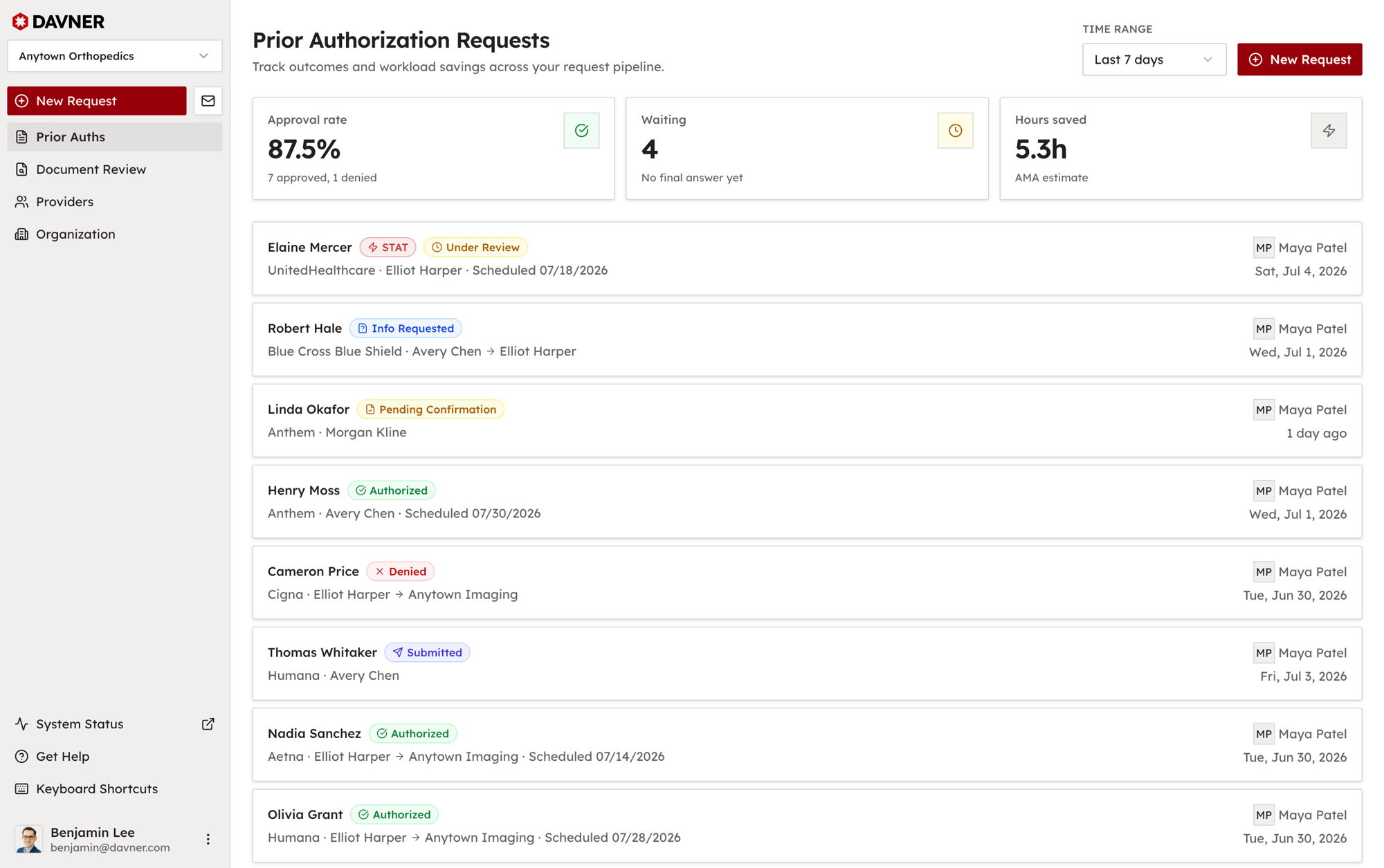 The Davner app showing a prior authorization request being managed