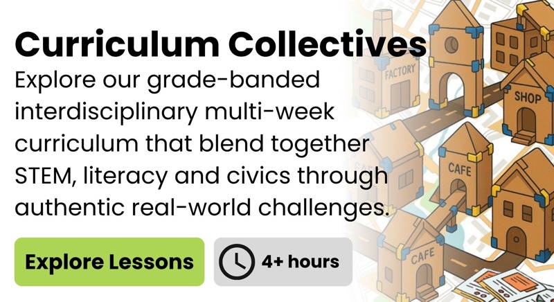 Image of children collaborating on a cardboard STEM building set as part of 3DuxDesign’s interdisciplinary curriculum collections, featuring project-based lesson plans that integrate STEM education, literacy, creativity, and early learning.