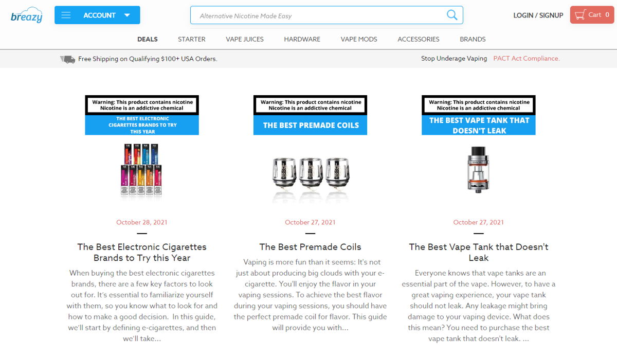 Screenshot of Breazy Blog, from the shopify blog examples collection.