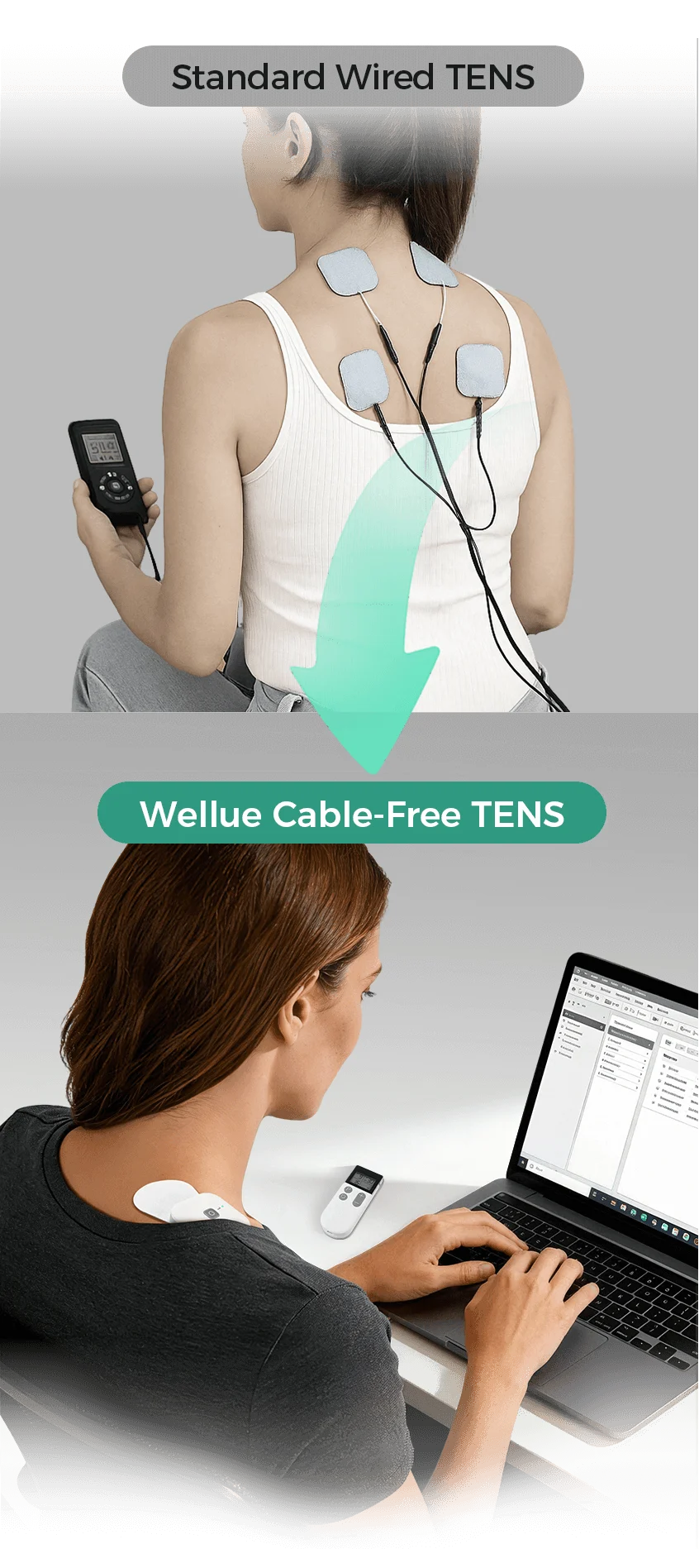 ケーブル付きの有線TENSユニットとコードなしのWellueケーブルフリーTENS治療装置の比較