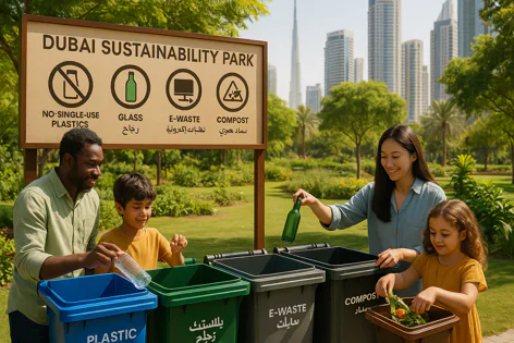 A diverse family is shown sorting different types of waste like plastic and glass into recycling bins at Dubai Sustainability Park. Sign and city skyline in view.