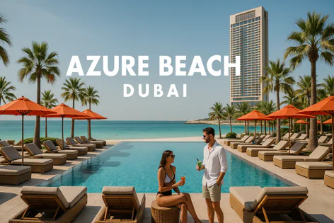 Couple with drinks at an infinity pool lounge area at Azure Beach Dubai overlooking the Arabian Sea and beach.
