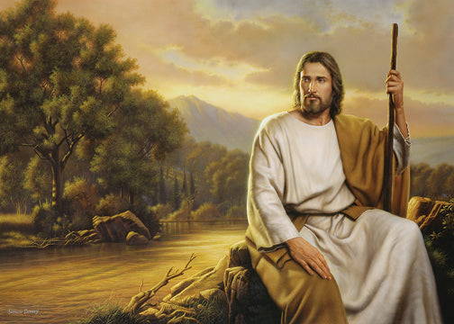 Jesus sitting next to a river. He holds a shepher'ds staff and has a solemn expression. 