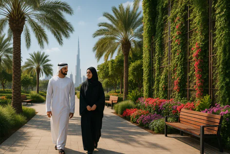 Arab couple, man in thobe and woman in abaya, walking on a paved path in a park with palm trees, flowers, vertical garden, and Dubai skyline with Burj Khalifa in background.