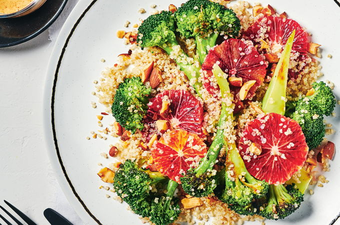 Warm Broccoli Salad with Blood Orange and Creamy Almond Dressing