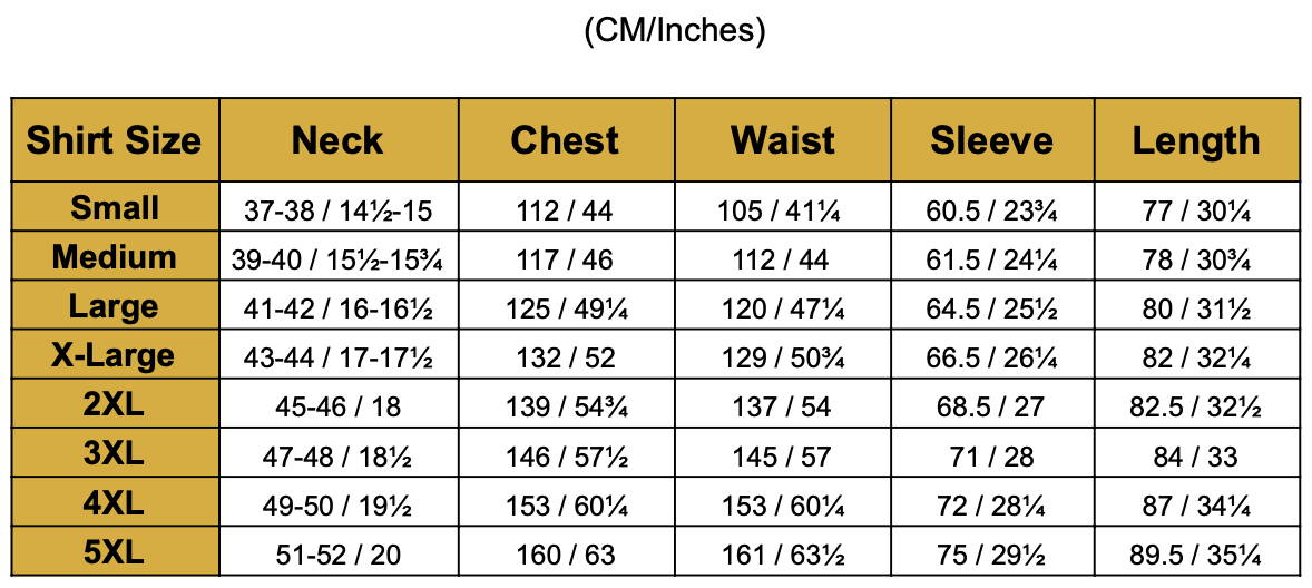 size chart for relaxed fit mens silk shirts from 1000 kingdoms in both cm and inches