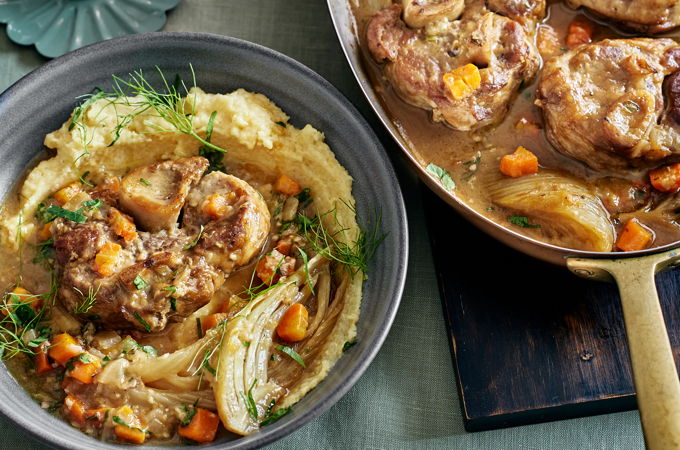 Osso buco de porc à la bière et aux agrumes, polenta minute au fromage
