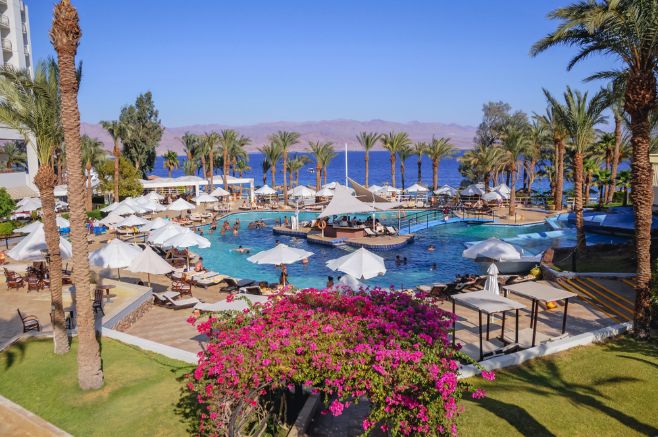 Taba, Egypt - August 10, 2011 Swimming pool in Hilton Hotel in Taba resort town, near the northern tip of the Gulf of Aqaba