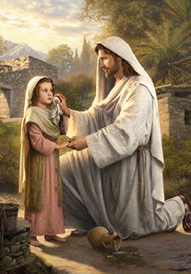 Jesus comforting a young girl by drying her tears.