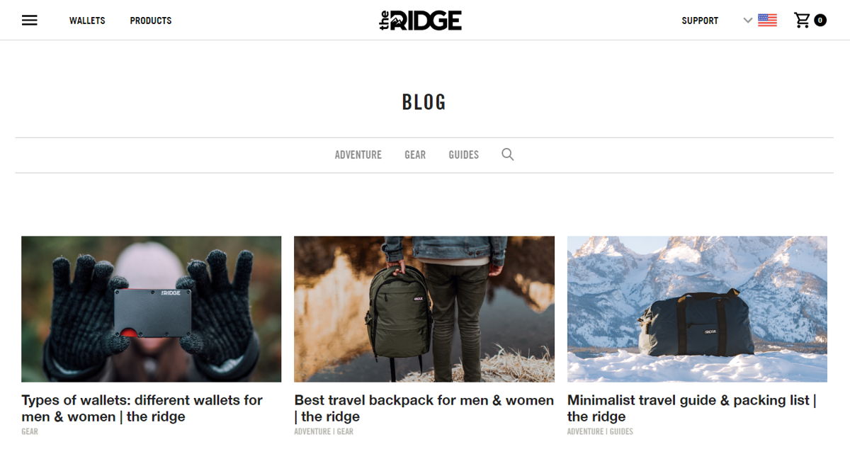 Screenshot of Blog - The Ridge, from the shopify blog examples collection.