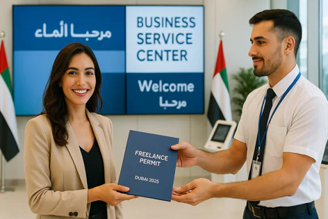 Smiling woman receiving a Freelance Permit Dubai 2025 document from a service center employee at a Business Service Center, UAE flags in the background.