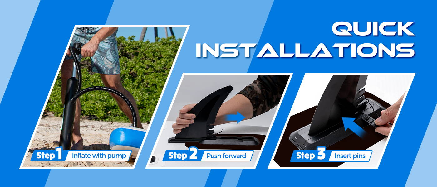 Funwater support quick installations: inflate your paddle board with pump, push paddle board fins forward, insert pins