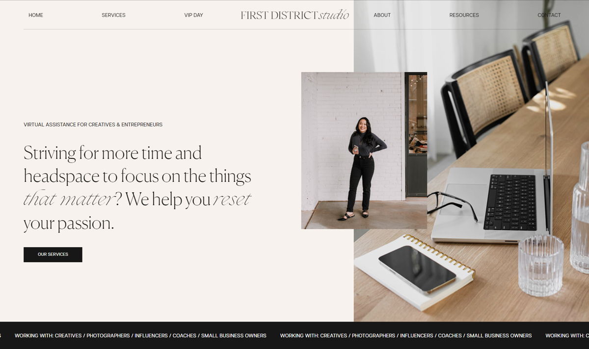 Screenshot of First District Studio, from the virtual assistant websites collection.